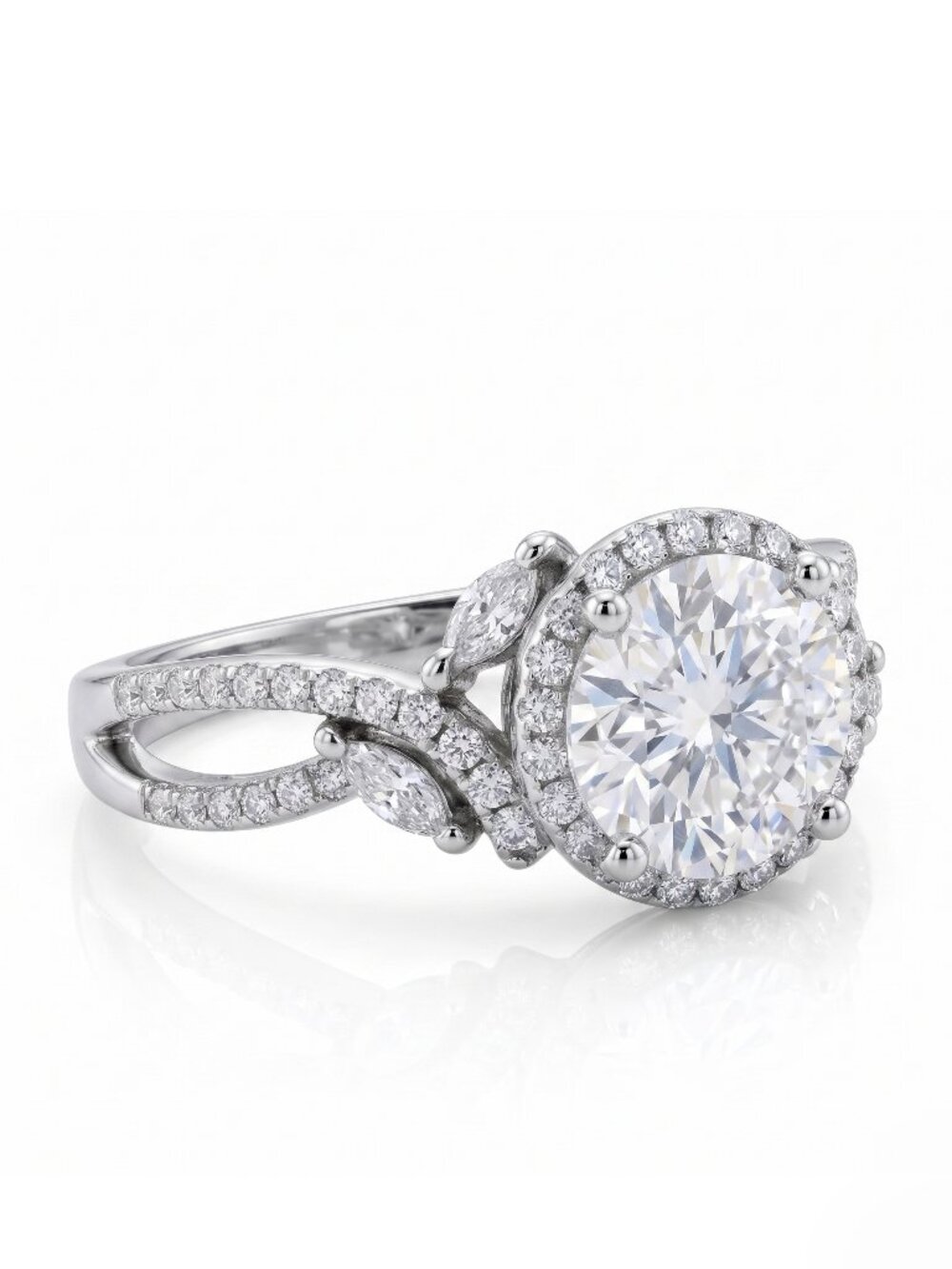 Classic Engagement Round Halo ring with twist leaf band, 925 Sterling Silver